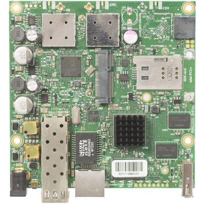MikroTik 720Mhz CPU, 128MB RAM, 1xGigabit Ethernet, 1xSFP cage, 1xminiPCI-e, 1xSIM, onboard 802.11ac Two Chain 5Ghz wireless, RouterOS L4 MikroTik 720Mhz CPU, 128MB RAM, 1xGigabit Ethernet, 1xSFP cage, 1xminiPCI-e, 1xSIM, onboard 802.11ac Two Chain 5Ghz wireless, RouterOS L4