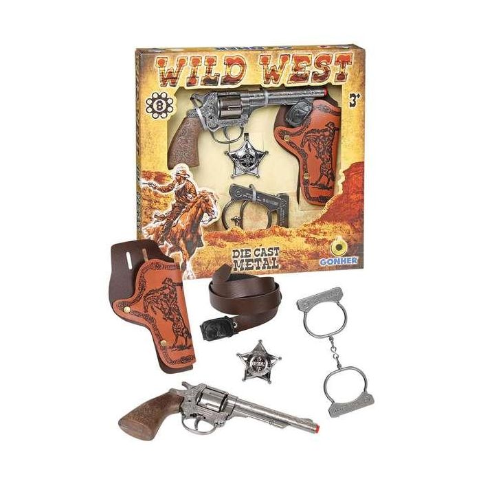 Pistola 8 tiros wild west con cartuchera, esposas y estrella 28x28x4 cm 1 Pistola 8 tiros wild west con cartuchera, esposas y estrella 28x28x4 cm 1