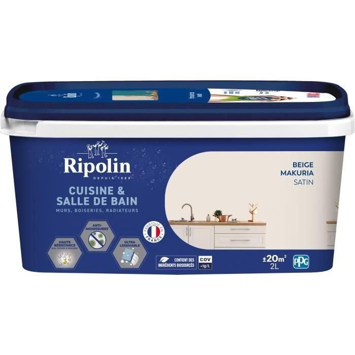 Pintura paredes, carpintería, techos, radiadores - RIPOLIN - Cocina y baño - 2 L - Beige Makuria