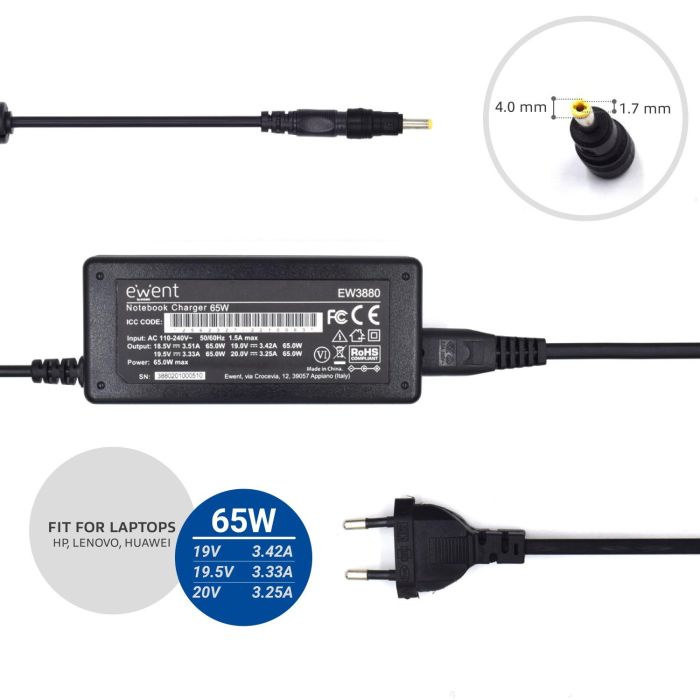 Ewent EW3898 Cargador Portátil 65W Compatible con HP, Incluye 5 Conectores 1 Ewent EW3898 Cargador Portátil 65W Compatible con HP, Incluye 5 Conectores 1