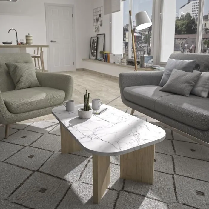 Diagone Mesa de centro QUARTZ1E76070 ovalada imitación mármol blanco patas gruesas roble 105 x 58 x 39 cm 1