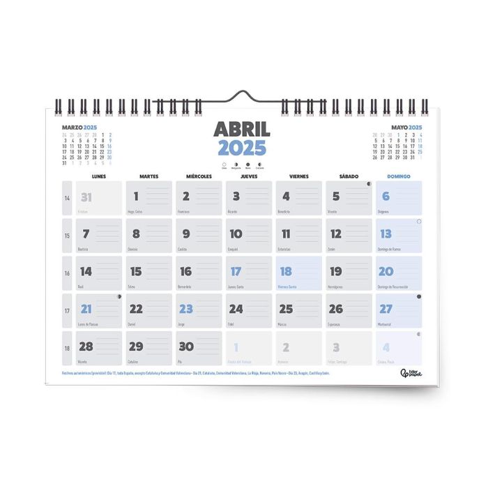 Calendario Pared Liderpapel Clasico 2025 Espiral 44x32 cm Papel 128 gr 1