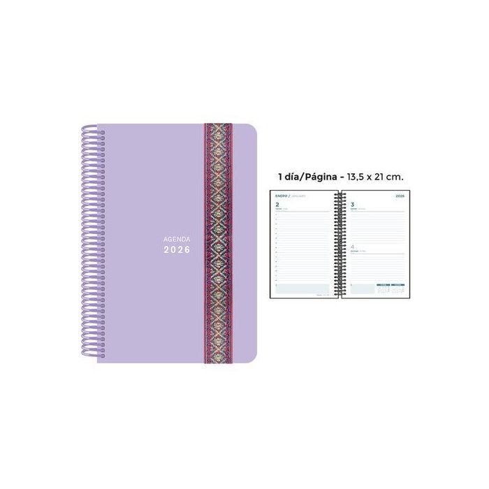 Agenda Anual (2026) Senfort Pastel Espiral Tapa Pp Con Goma Decorada 135X210 D/P Lila