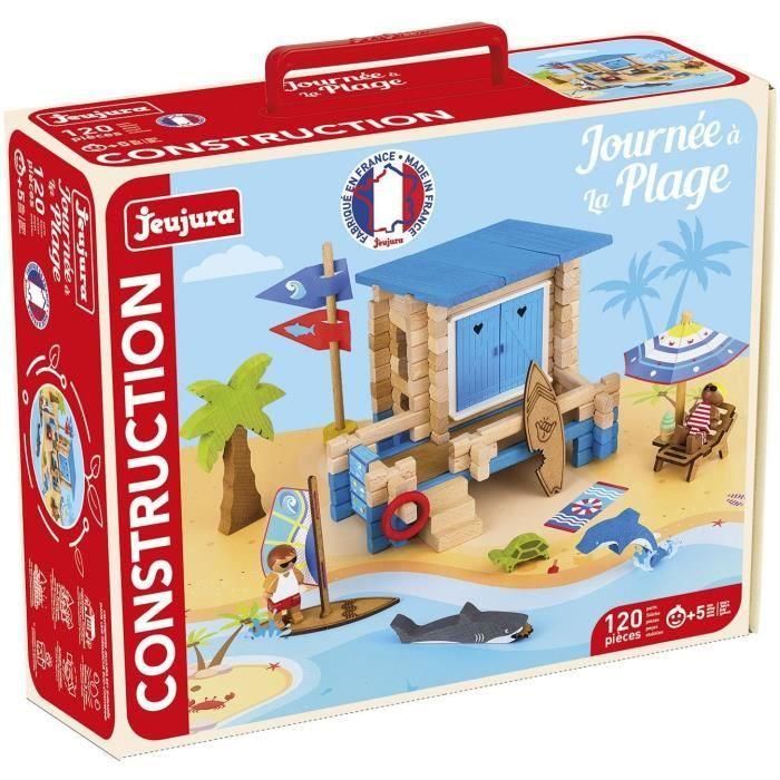 Día en la Playa 120 Piezas - JEUJURA - Juego de Construcción en Madera Natural, Tapete y Accesorios Incluidos, 32x27x11 cm