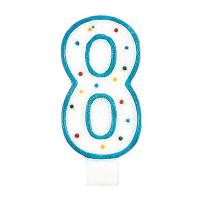 Party Time Vela Aniversario Numeral Cifra 8 para Tarta 14 cm con Pincho Colores Surtidos Decorada con Círculos y Ribete