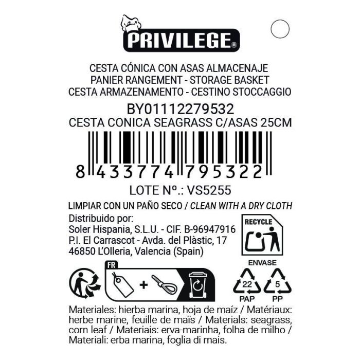 Cesta Conica Seagrass C/Asas 25Cm Privilege (18 Unidades) 9