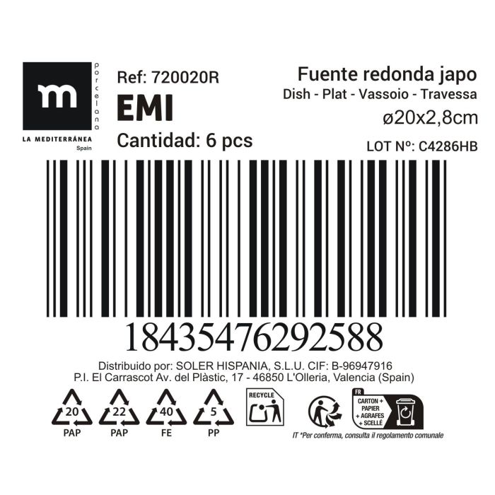 La Mediterranea Fuente Redonda Japo Ø20 cm Reac."Emi" (18 Unidades)
