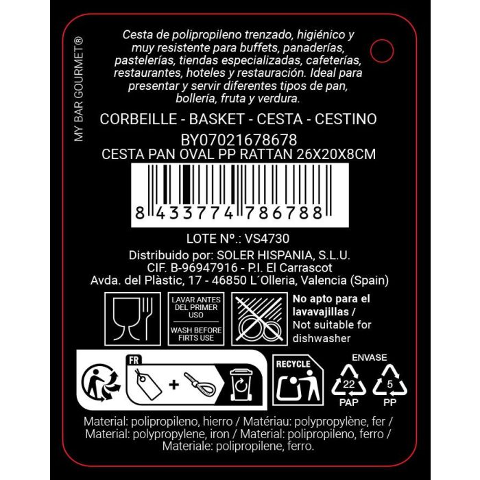 My Bar Cesta Pan Oval PP Rattan 26 cm x 20 cm x 8 cm 5