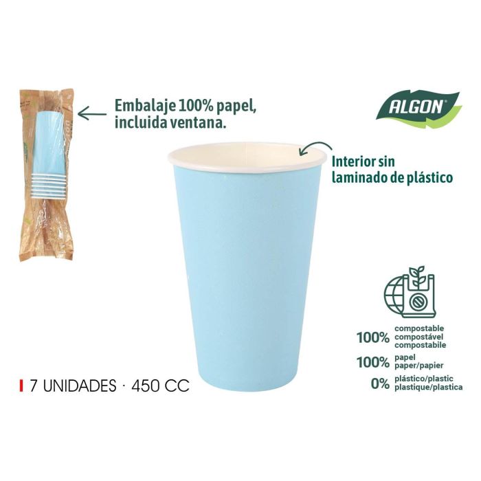 Set de 7 vasos de cartón azul baby 450 cc Algon (16 Unidades) Set de 7 vasos de cartón azul baby 450 cc Algon (16 Unidades)