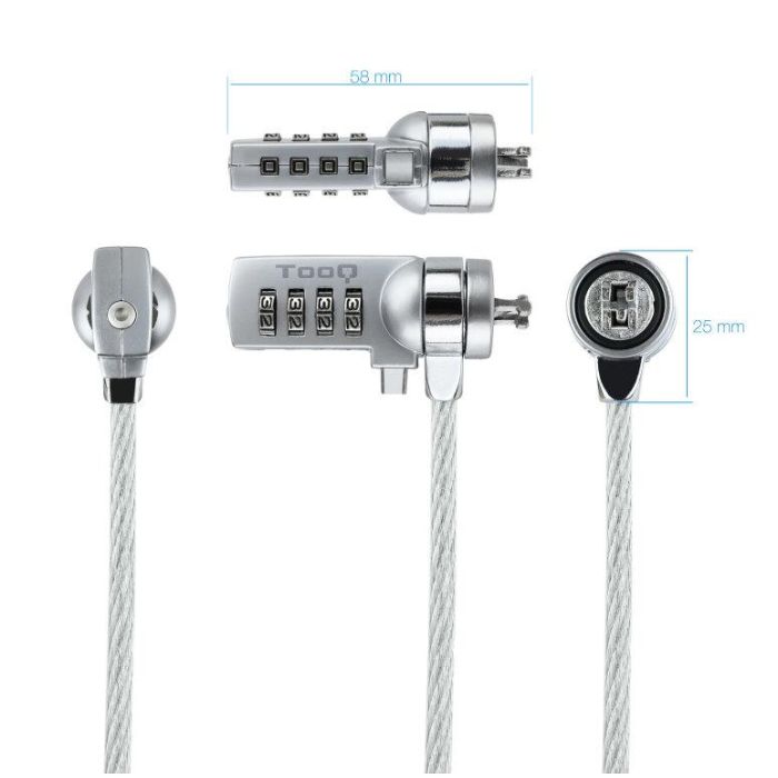 TOOQ CABLE DE SEGURIDAD T-LOCK CON COMBINACION PARA PORTATILES - BLOQUEO DE 4 DIGITOS - ACERO 4.5MM - LONGITUD 1.50M 1 TOOQ CABLE DE SEGURIDAD T-LOCK CON COMBINACION PARA PORTATILES - BLOQUEO DE 4 DIGITOS - ACERO 4.5MM - LONGITUD 1.50M 1