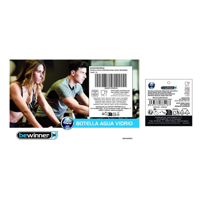 Botella de Agua Vidrio/Silicona 400 ml Bewinner - Inde (24 Unidades) 6 Botella de Agua Vidrio/Silicona 400 ml Bewinner - Inde (24 Unidades) 6