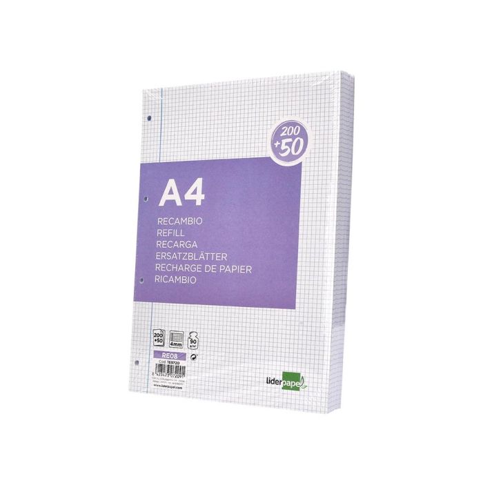 Recambio Liderpapel A4 200+50 Hojas 90 gr-M2 Cuadro 4 mm Con Margen 4 Taladros 2