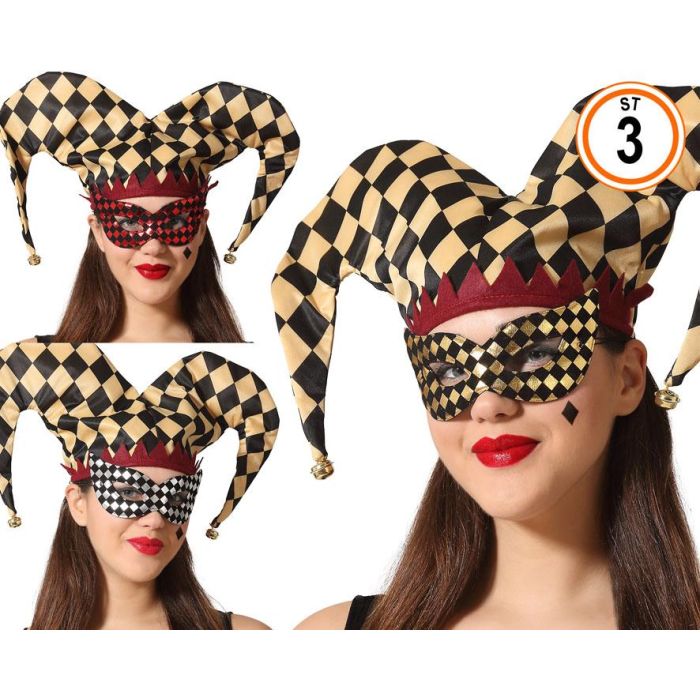 Antifaz Máscara Veneciana Damero 3 Posibilidades - Diseño llamativo con gorro y cascabeles 0 Antifaz Máscara Veneciana Damero 3 Posibilidades - Diseño llamativo con gorro y cascabeles 0
