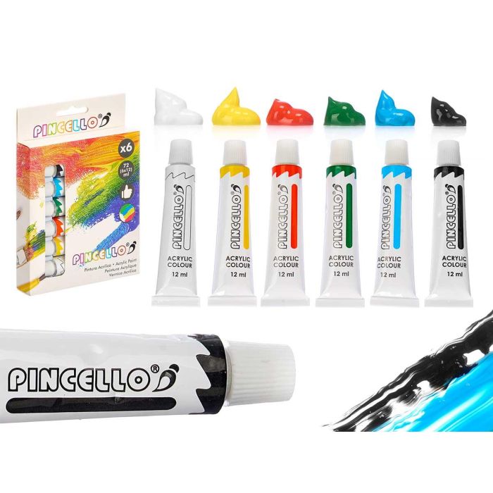 Juego 6 Botes Pintura Acrílica Pincello 12 ml - Amarillo, Azul, Blanco, Negro, Rojo, Verde (24 Unidades) Juego 6 Botes Pintura Acrílica Pincello 12 ml - Amarillo, Azul, Blanco, Negro, Rojo, Verde (24 Unidades)