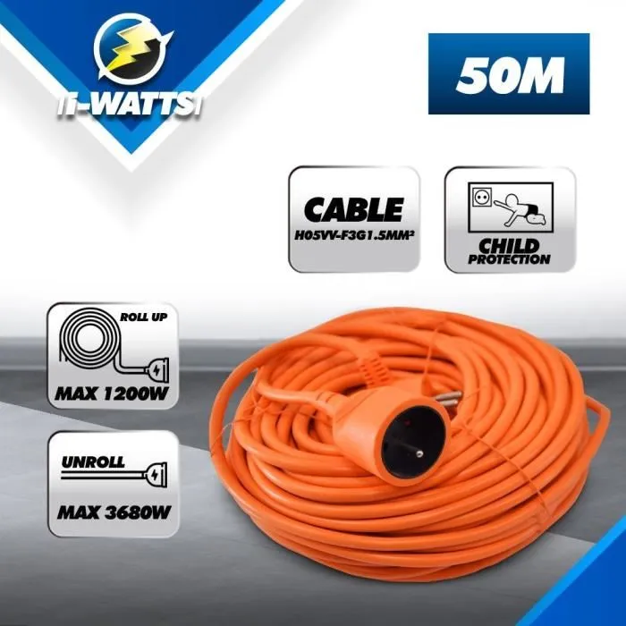 I-WATTS Cable de Extensión 50m 3x1,5mm HO5VV-F3G1.5 Protección Infantil 3680W 1