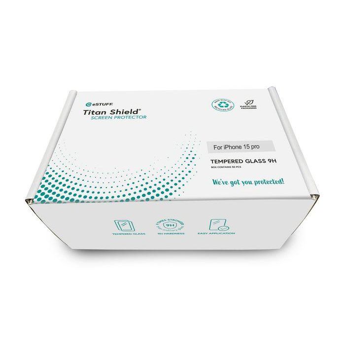 eSTUFF Protector de Pantalla Completo Titan Shield para iPhone 15 Pro, 50 Unidades, Vidrio Reciclado 9H, Antirotura 2