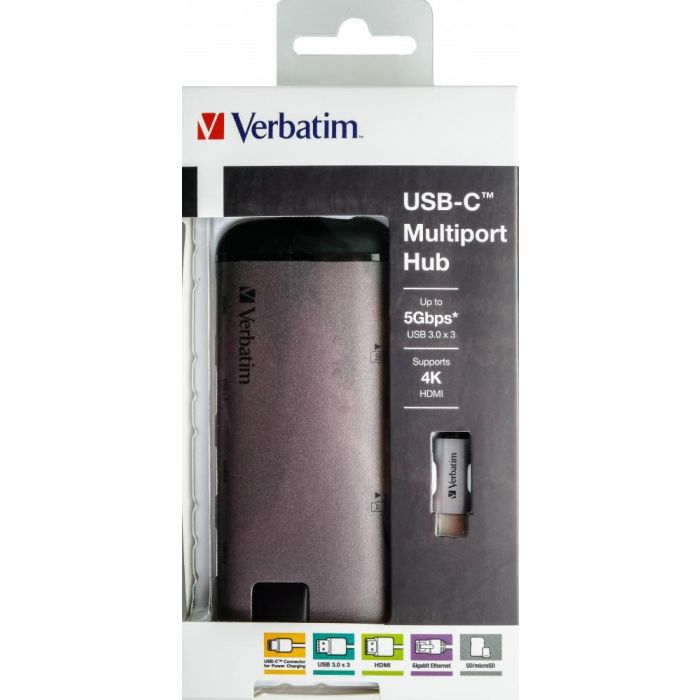 Verbatim Hub Multipuerto USB-C con HDMI, 3x USB 3.0, Ethernet Gigabit, Lector SD/microSD, Carga PD, Soporte 4K UHD 1
