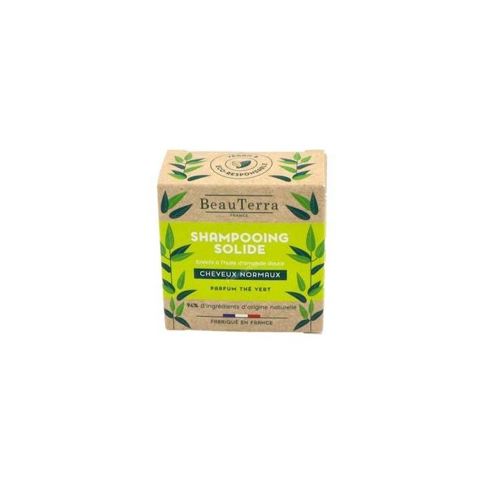 Beauterra Champú Sólido SOLIDE Té Verde para Cabellos Normales 75g - Vegano, Sin Siliconas, Cruelty Free, Envase Biodegradable