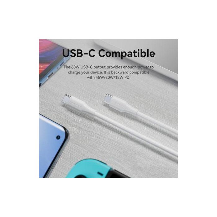 Vention TRCWH Cable USB 2.0 Tipo-C Macho a Tipo-C Macho, Carga Rápida 60W / 3A y Datos 480Mbps, 2 Metros, Blanco 1