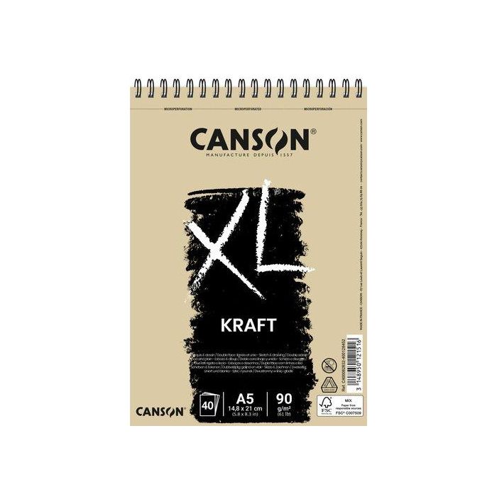 Bloc De Dibujo Canson Xl Kraft Con Espiral Papel Verjurado A5 90G 40H