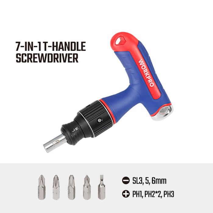 Workpro Destornillador de carraca t 8 piezas, mango ergonómico, 7 puntas acero cromo vanadio, selector reverso 6
