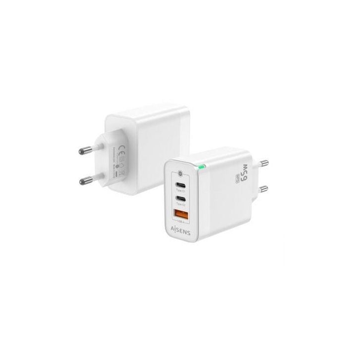 Aisens Cargador GaN 65W con 2 USB-C PD3.0 QC4.0 y 1 USB-A QC3.0, Blanco