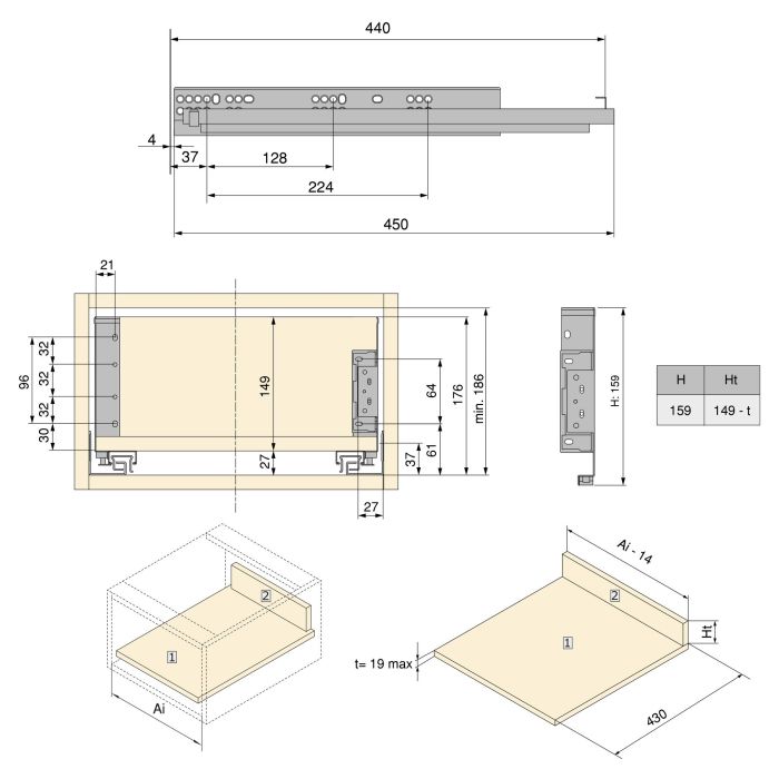 Emuca Cajón exterior Simplex 25kg de altura 159mm, profundidad 440mm, Acero, Pintado blanco 4