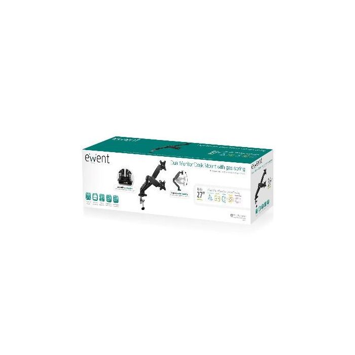 Ewent EW1516 Soporte Dual Ergonómico de Escritorio con Resorte de Gas para 2 Monitores hasta 32 Pulgadas, VESA, USB 3.1, Negro 3 Ewent EW1516 Soporte Dual Ergonómico de Escritorio con Resorte de Gas para 2 Monitores hasta 32 Pulgadas, VESA, USB 3.1, Negro 3
