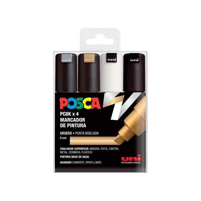 POSCA Marcador Pc-8K-4C No Permanente, Punta Biselada 8.0 mm, Tinta Base Agua, Colores Surtidos (Oro, Plata, Blanco, Negro)