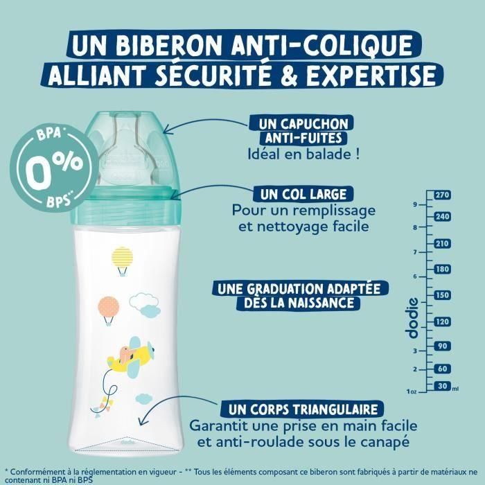 Pack de 3 biberones - DODIE - EB19 - 270 ml - Tetina plana - Verde 3 Pack de 3 biberones - DODIE - EB19 - 270 ml - Tetina plana - Verde 3