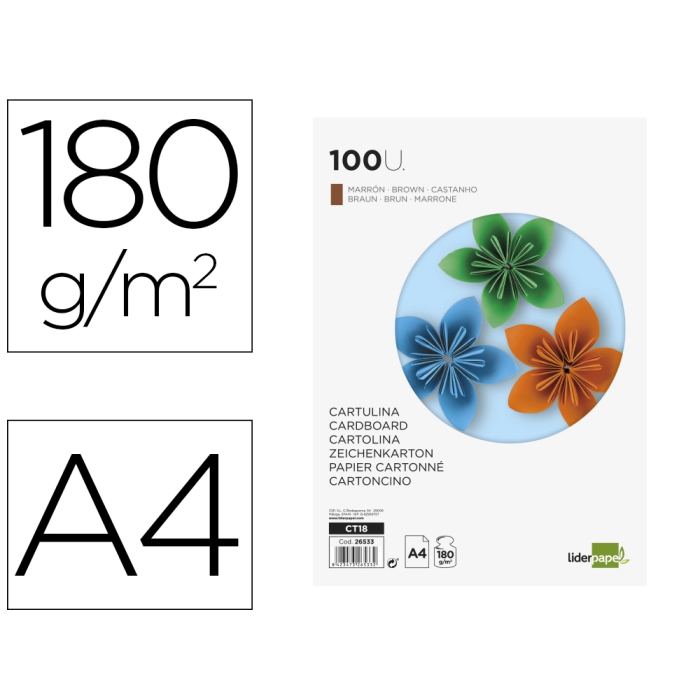 Liderpapel Cartulina A4 180g/m2 Marron Paquete de 100 Hojas 0 Liderpapel Cartulina A4 180g/m2 Marron Paquete de 100 Hojas 0