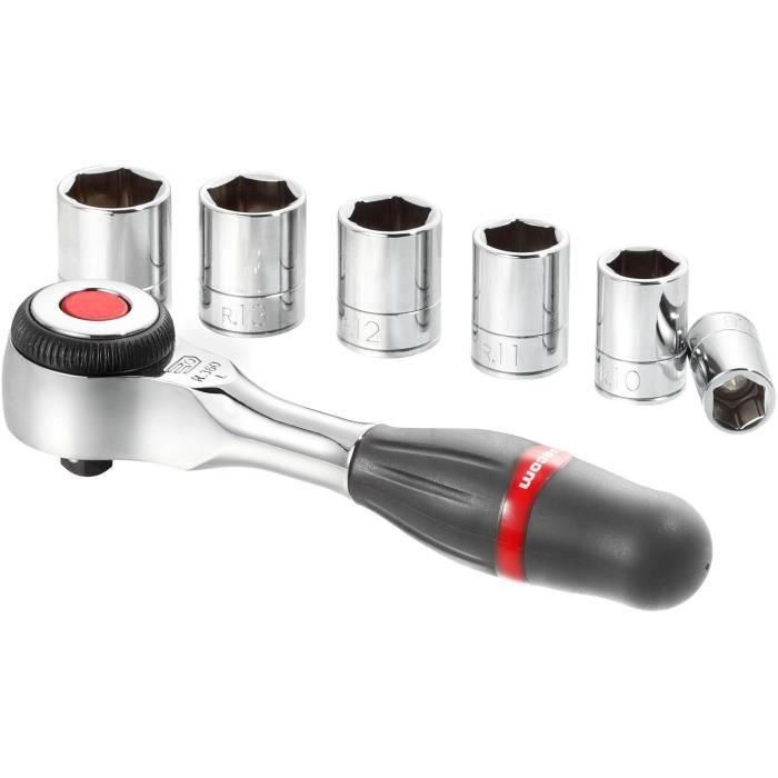 Facom R.360 Juego de Carraca 1/4" y 6 Vasos Hexagonales (8-14mm) con Mango Giratorio para Apriete Ultrarrápido en Espacios Reducidos