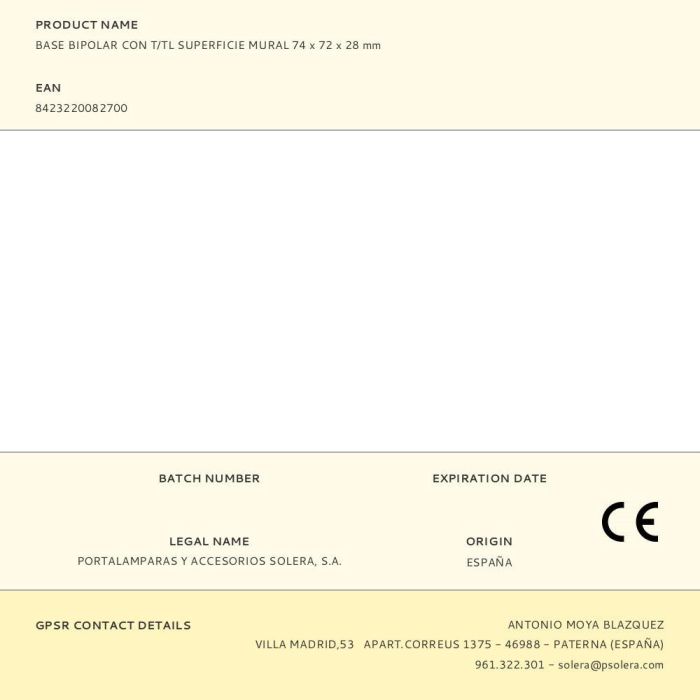 Solera Base bipolar 2P+T T/TL superficie mural 74x72x28mm, 10A 250V, blanco 1 Solera Base bipolar 2P+T T/TL superficie mural 74x72x28mm, 10A 250V, blanco 1