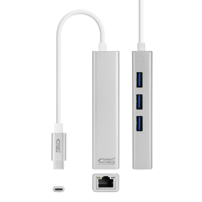 Nanocable 10.03.0404 Conversor Hub USB-C a Ethernet Gigabit RJ45 con 3 Puertos USB 3.0, Plug & Play para PC/Mac/Linux, Plata 1