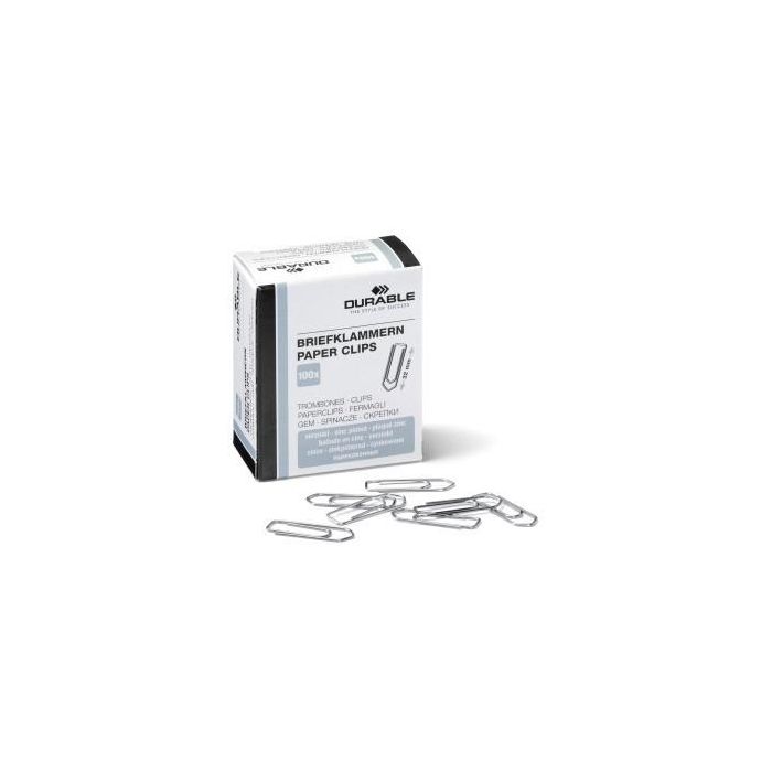 Durable 121025. Clips para Papel, Sujetapapeles de 32mm, Galvanizados, Plateados, Pack de 100 Unidades