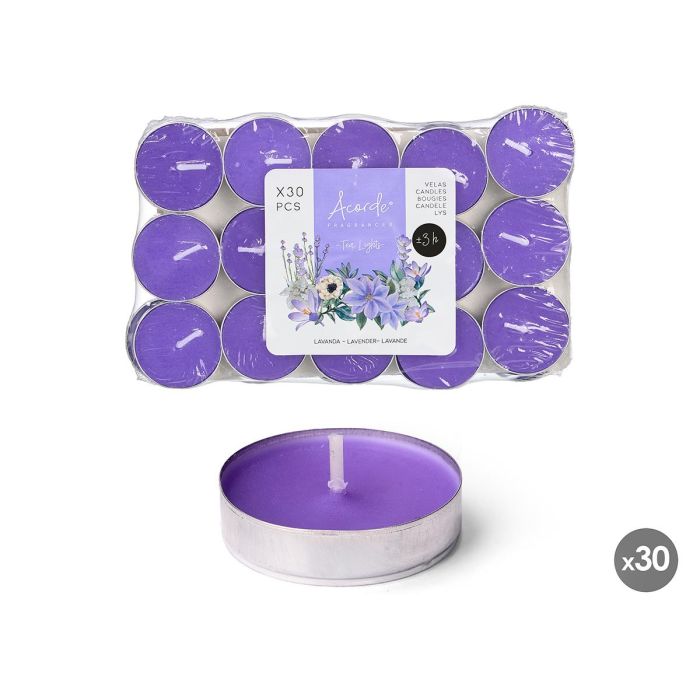 Acorde - Set 30 Tea Lights de Lavanda 3h, Velas Moradas de Cera para Decoración y Ambiente, 19x11.2x2.7 cm (24 Unidades)