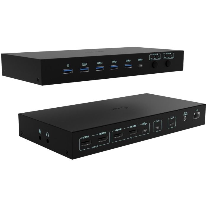 I-Tec USB-C KVM Docking Station PRO para 3 Hosts, Dual Video, Power Delivery 92W, Ethernet Gigabit, Negro