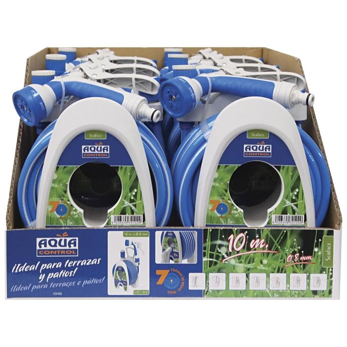 Aqua Control Carrito Portamanguera Especial Terrazas 10m PVC con Pistola 7 Formas Riego, 2 Conectores y Adaptador 2
