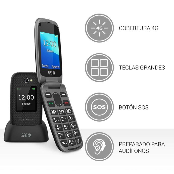 SPC 2330N Teléfono Móvil Harmony 4G para Mayores con Tapa, Teclas Grandes, SOS, Compatible Audífonos, Doble Pantalla y Base de Carga Negro 1 SPC 2330N Teléfono Móvil Harmony 4G para Mayores con Tapa, Teclas Grandes, SOS, Compatible Audífonos, Doble Pantalla y Base de Carga Negro 1