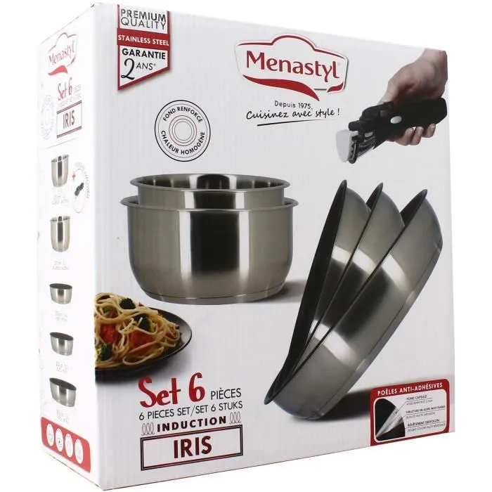Menastyl 7930018 Batería de Cocina para Inducción, Acero Inoxidable, 6 Piezas, Mango Extraíble, Gris