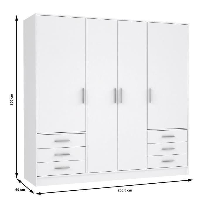 Armario JUPITER 4 puertas 6 cajones - Blanco mate - L 206,5 x P 60 x H 200 cm 3 Armario JUPITER 4 puertas 6 cajones - Blanco mate - L 206,5 x P 60 x H 200 cm 3