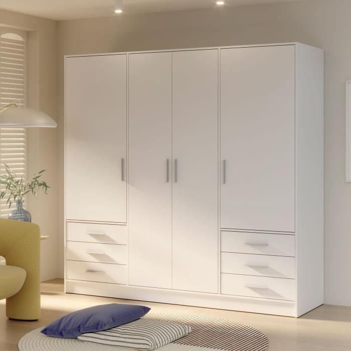 Armario JUPITER 4 puertas 6 cajones - Blanco mate - L 206,5 x P 60 x H 200 cm Armario JUPITER 4 puertas 6 cajones - Blanco mate - L 206,5 x P 60 x H 200 cm