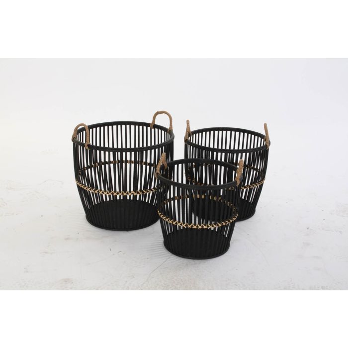 DKD Home Decor Cesta Colección Johari Colonial Bambu Negro Natural 38 x 39 x 38 cm Set 3 Piezas 3