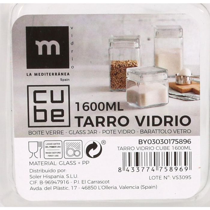 La Mediterranea Tarro Vidrio Cube 1600Ml 11 x 19.5 x 11 cm (12 Unidades)