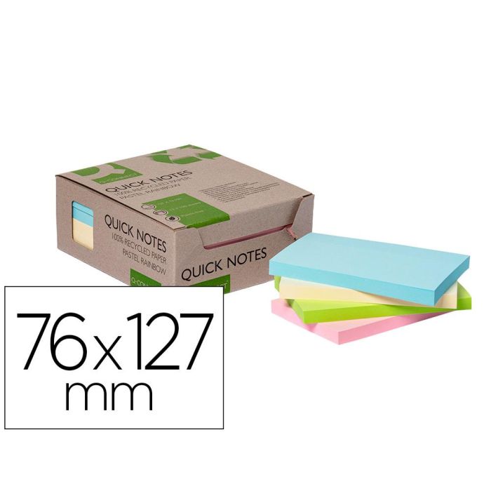 Bloc De Notas Adhesivas Quita Y Pon Q-Connect 76x127 mm 100% Papel Reciclado Colores Pasteles En Caja De Carton 12 unidades