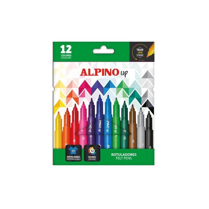 Alpino Rotulador de fibra punta fina 1 mm, caja de 12 unidades, colores surtidos, tinta superlavable, ideal para dibujar