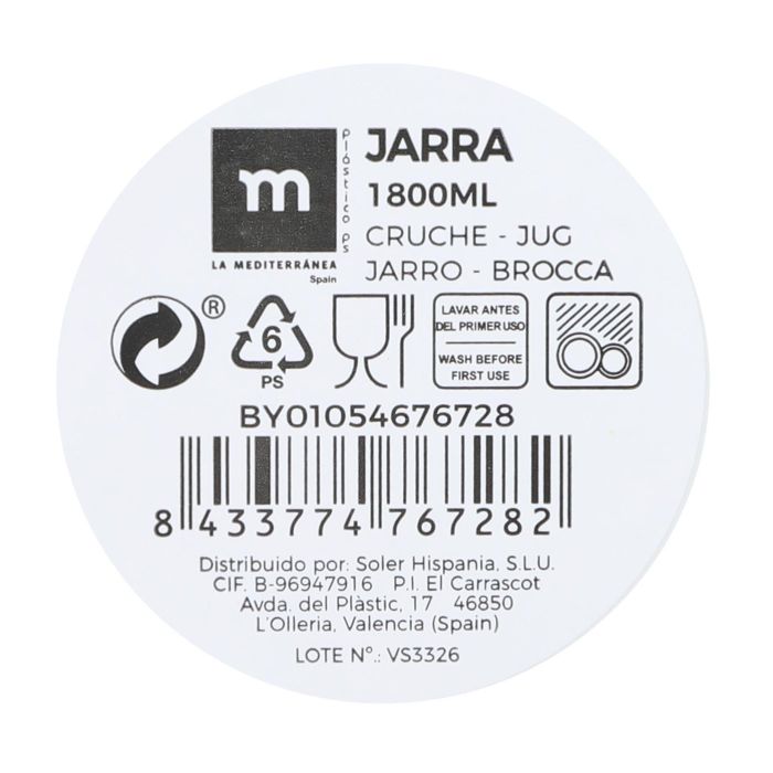 La Mediterranea Jarra 1800 ml Ps Medidas: 14 cm (ancho) x 21 cm (alto) x 19 cm (largo) (24 Unidades)