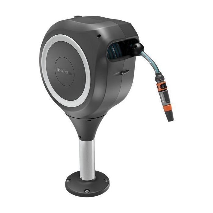 Gardena RollUp M Enrollador de Manguera Automático para Terraza 20m / 13mm, Blanco, Rotación 360° y RollControl