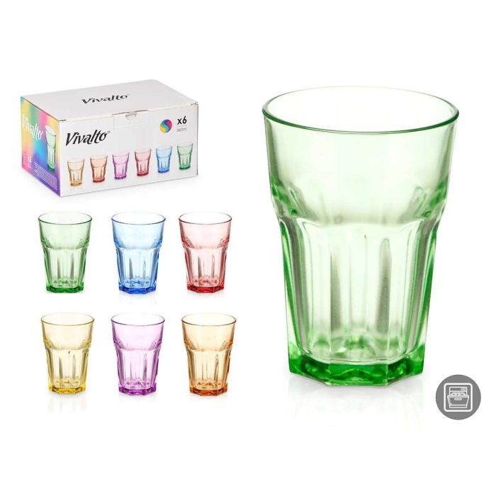Vivalto Vaso de Vidrio 360 ml, Surtido 6 Colores, 8.5x12x8.5 cm (24 Unidades) Vivalto Vaso de Vidrio 360 ml, Surtido 6 Colores, 8.5x12x8.5 cm (24 Unidades)