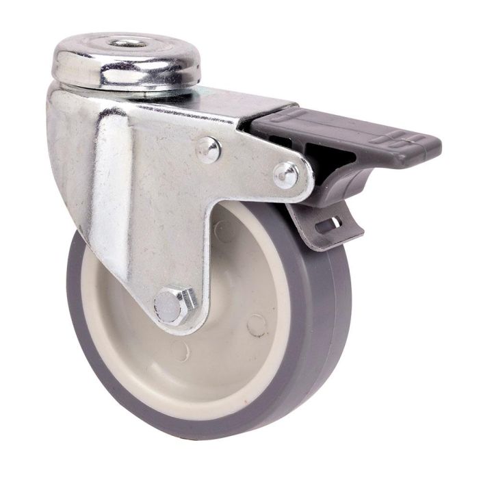 Rueda giratoria de goma con agujero, eje liso y freno, color gris, carga máx. 40 kg, ø 5 cm Rueda giratoria de goma con agujero, eje liso y freno, color gris, carga máx. 40 kg, ø 5 cm